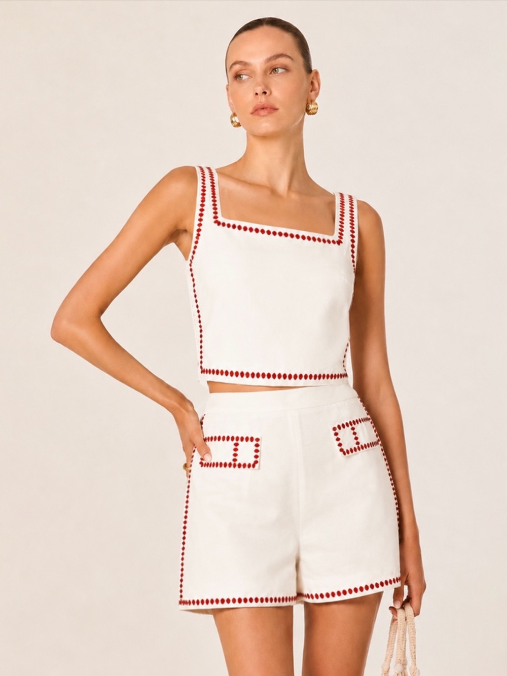 Commense White Crop Tank & High-Waist Shorts with Red Trim